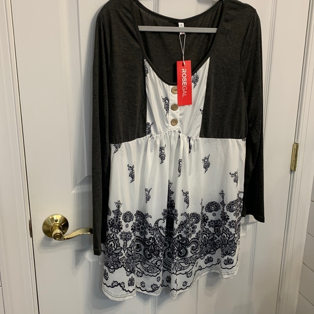Rosegal NWT Grey White paisley Babydoll Tunic Dress size 2X / 18